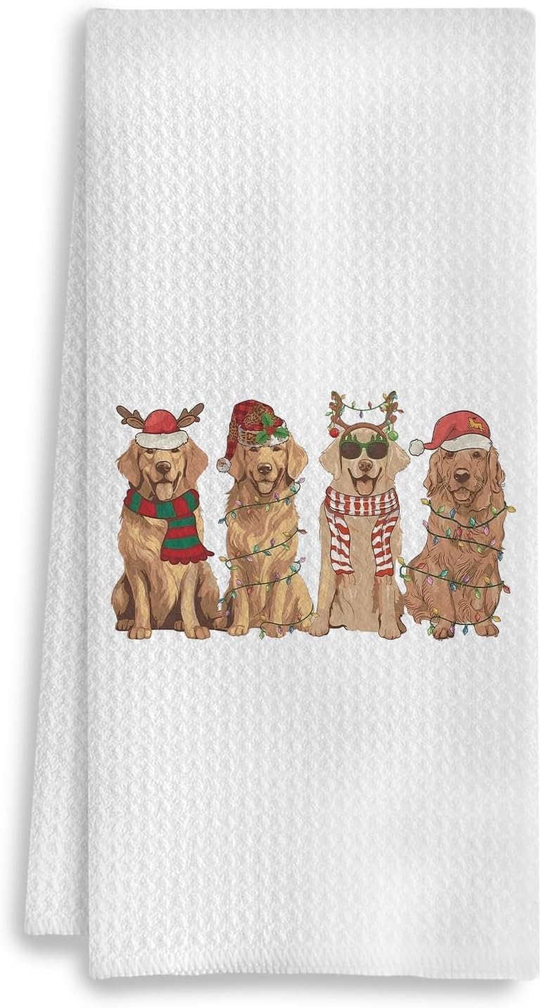 COWEB Christmas Golden Retriever Kitchen Towels, Golden Retriever Gifts for Women, Golden Retriever Christmas Decor Hand Towels, Gifts for Golden Retriever Lovers Dish Tea Towels for Kitchen, 16x24 Inch - Image 1